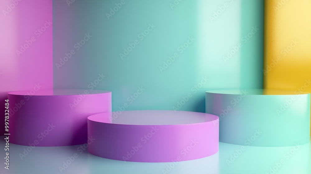 Poster a minimalist 3d background with a smooth gradient surface transitioning between bright colors (purpl