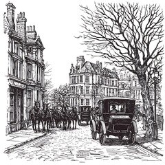 Horse-Drawn Carriage and Buildings on a Cobblestone Street.