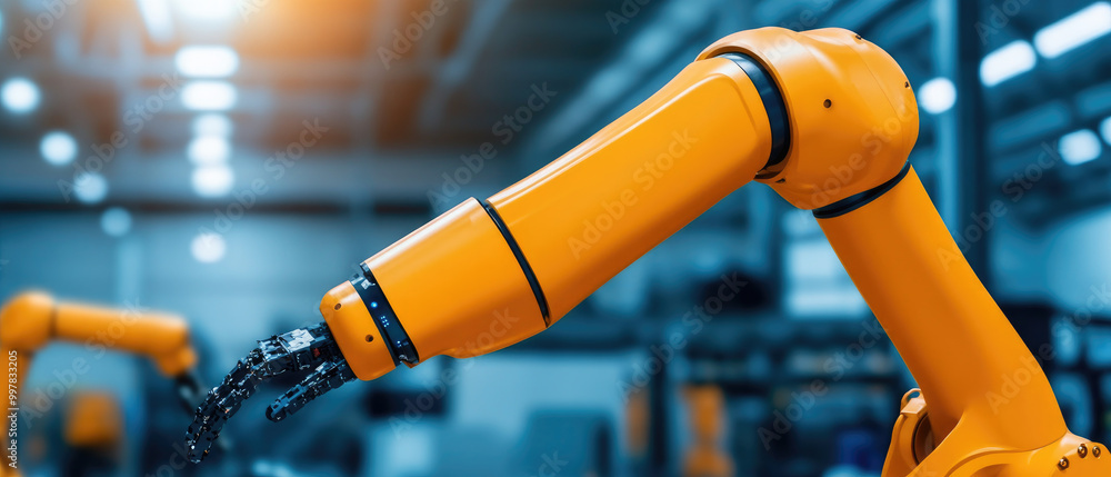 Poster industrial robotic arm with advanced mechanical fingers, designed for precision tasks in a high-tech