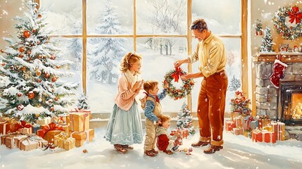 Family Decorating for Christmas with a Watercolor Style.