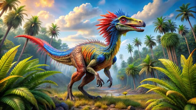 Austroaptor, adorned with striking feathers, stealthily prowls through dense foliage, its keen eyes scanning the