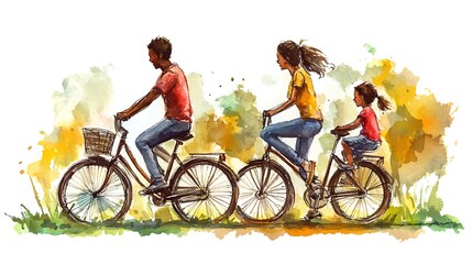 Fototapeta premium Watercolor Illustration of a Family Cycling Together.