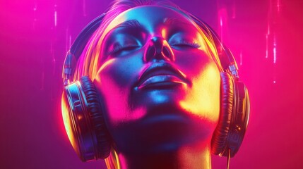 Creative music background. Colorful head wearing headphones on bright background. Sound inspiration and emotions. Created with Generative AI