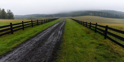 a foggy morning in Belarus with a lone farmer starting the potato harvest autumn season rural solitude traditional agriculture misty field with a wooden fence and distant forest in the background