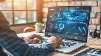 Businessman at desk analyzing revenue charts on digital screen, focused on financial growth and business success, office equipment in background.