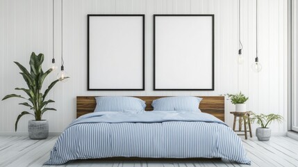 Minimalist Bedroom Interior with a Blue Striped Bed