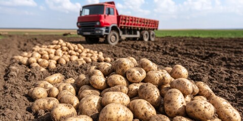 a group of workers in Belarus sorting potatoes by size after the harvest agricultural process manual labor farming tools rural community with piles of potatoes in baskets and trucks ready to be loaded