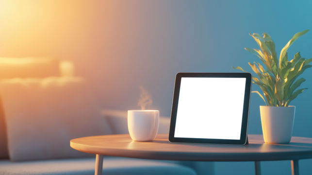 Transparent tablet screen on round table with cup of coffee and warm lighting in the background