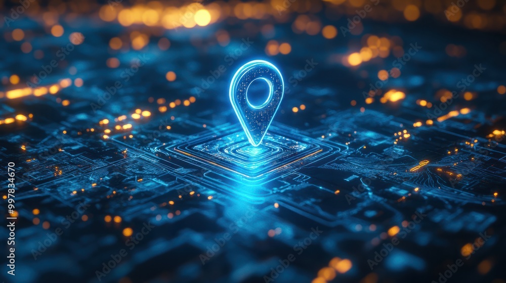 Poster digital pin on a digital map, location system concept, created with generative ai technology