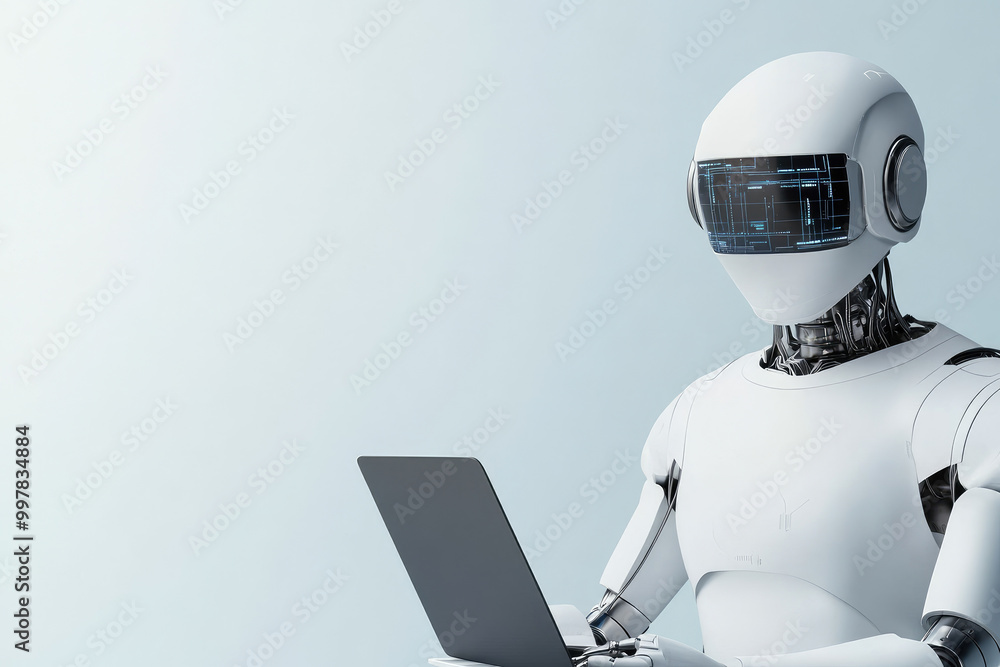 Poster futuristic humanoid robot engaging with a laptop, sleek design featuring glowing digital interface, 