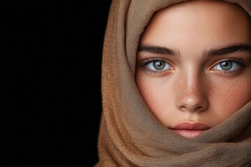 Mysterious woman with blue eyes in brown hijab