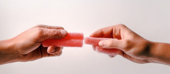Hands Holding a Pink Gummy Candy, Split in Half