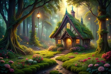 Fototapeta premium Enchanted cottage surrounded by trees in a fairytale forest