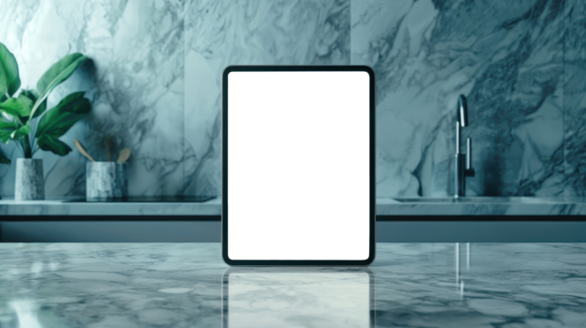 Transparent tablet screen on marble countertop with potted plants and modern kitchen background