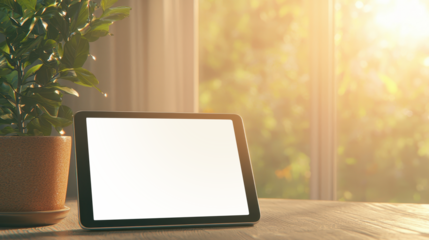 Transparent tablet screen on wooden table with potted plant and sunlight through window