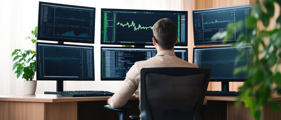 Analyst immersed in data analysis with multiple screens displaying stock market graphs and code, surrounded by indoor greenery in a modern workspace.