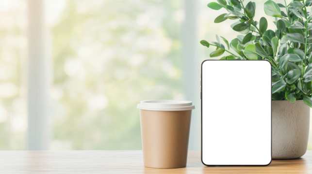 Transparent tablet screen on wooden desk with potted plant and coffee cup in natural light