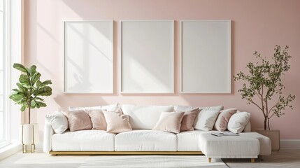 Fototapeta premium Minimalist Living Room with White Sofa and Pink Wall