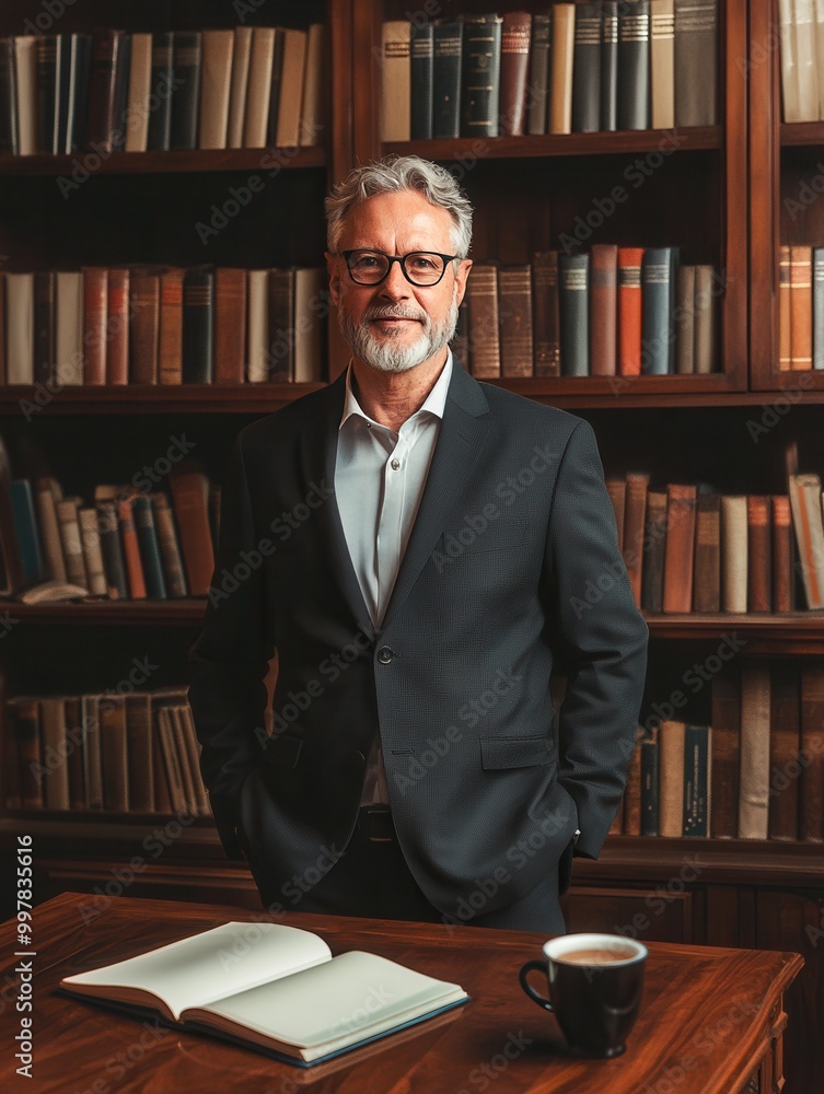 Aufkleber A distinguished professor poses confidently in a suit in front of a large bookshelf, conveying knowledge and authority in his office. Generative AI