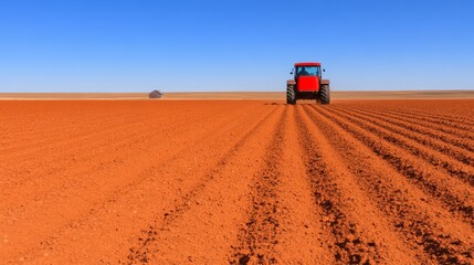 Fototapeta premium a tractor plowing through a potato field in Belarus leaving neat rows of soil agricultural machinery farming equipment rural life with a barn and a farmhouse in the distance