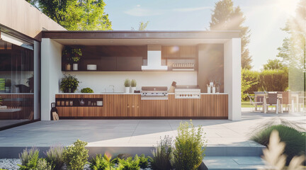 A photo  a simple outdoor kitchen in a modern backyard. is symmetrical, simple and sunny.