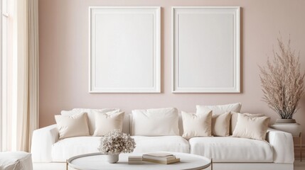 Modern Living Room with White Sofa and Empty Frames