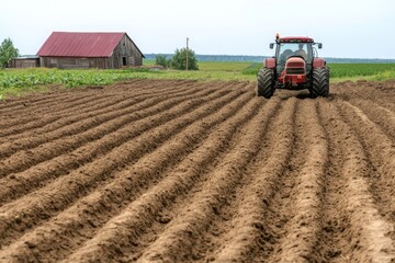 Obraz premium a tractor plowing through a potato field in Belarus leaving neat rows of soil agricultural machinery farming equipment rural life with a barn and a farmhouse in the distance