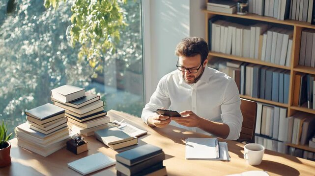 Bright home office. Man using smartphone at desk surrounded by books. Natural light from window. Productive, focused atmosphere.	