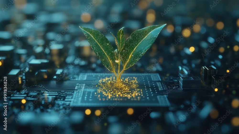 Poster generative ai illustration of glowing plant growing on computer chip representing digital ecology bu