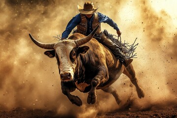 Cowboy riding bull rodeo arena is wearing hat A fearless rides