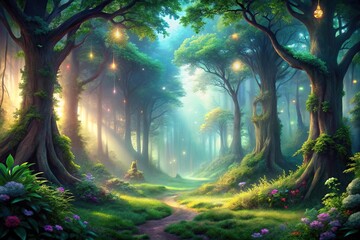 Enchanted forest with towering trees and magical creatures
