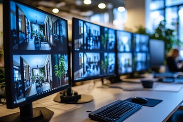 Naklejka premium Desk multiple computer monitors it are arranged row surveillance