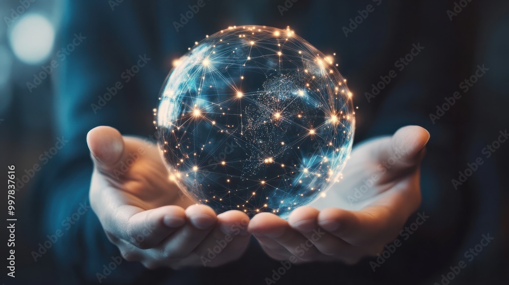 Poster hands hold a transparent globe with digital connections and nodes superimposed over it. represents t