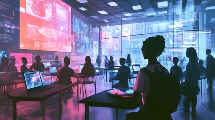 Obraz premium Virtual classroom where students from different ethnicities engage in interactive learning