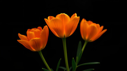 Three orange flowers are standing next to each other on a black background