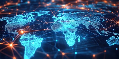 Fototapeta premium Digital world map dark blue background made up Global network with glowing