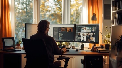 Teacher conducting a virtual lesson utilizing multiple screens to engage with students