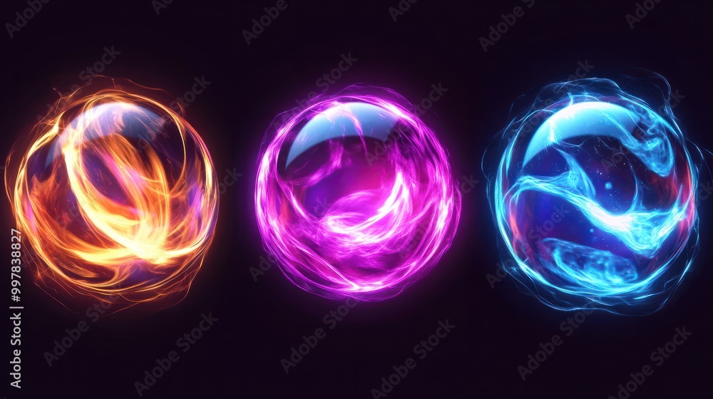 Wall mural luminous neon thunder swirl. 3d shiny fortune sphere color set. radial plasma asset with magical ene