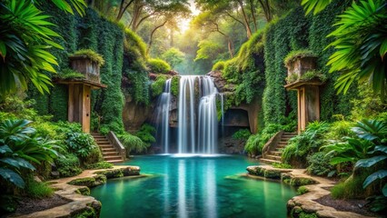 Enchanting oasis with a hidden waterfall in a symmetrical design