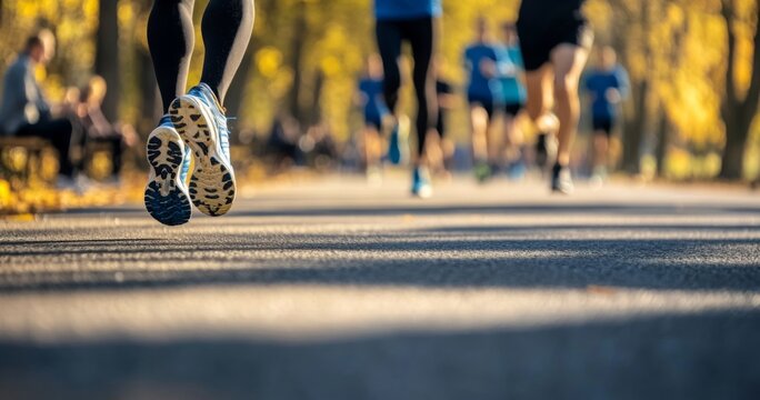 Group people running road is lined trees A of people