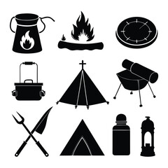 Set of Camping Silhouette Vector Elements.
