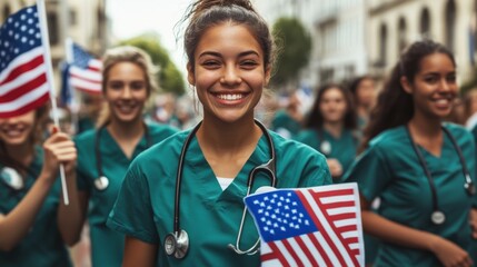 Group young women green scrubs marching parade They A of nurses