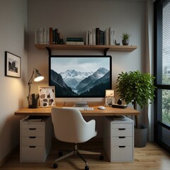 a desk with a computer and a keyboard and a cup of pencils.