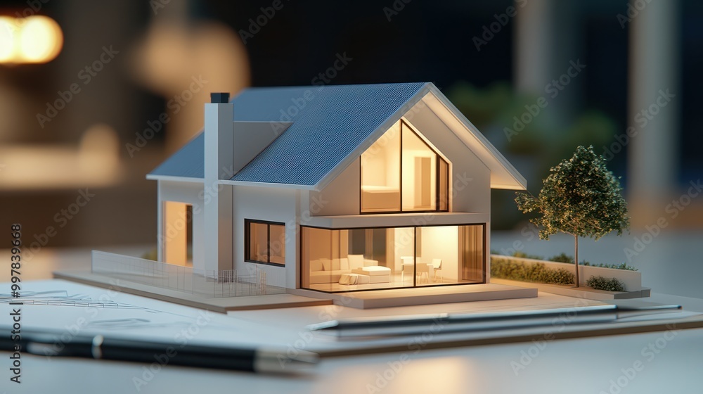 Poster mortgage loading and property document concept for real estate , small home with architect working w