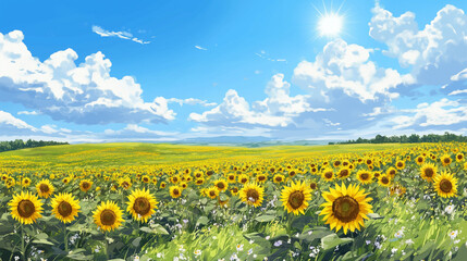 Fototapeta premium Joyful Summer Landscape with Sunflower Field 