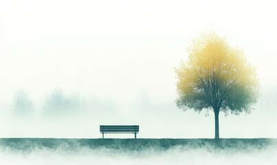 Obraz premium Solitary Bench in Foggy Meadow.