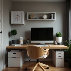 a desk with a computer and a keyboard and a cup of pencils.