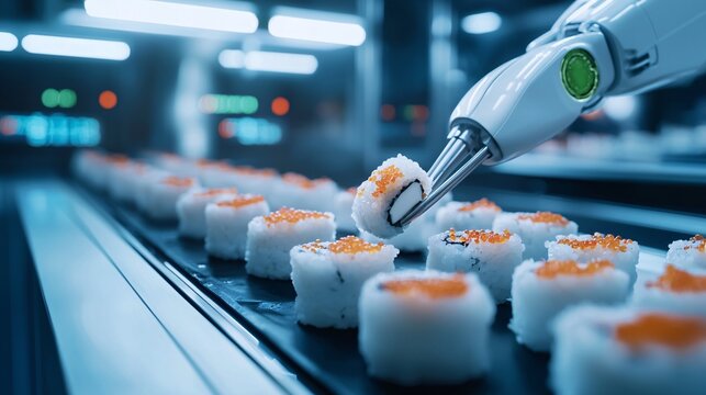 A robotic arm efficiently places sushi on a conveyor belt in a modern food production facility.