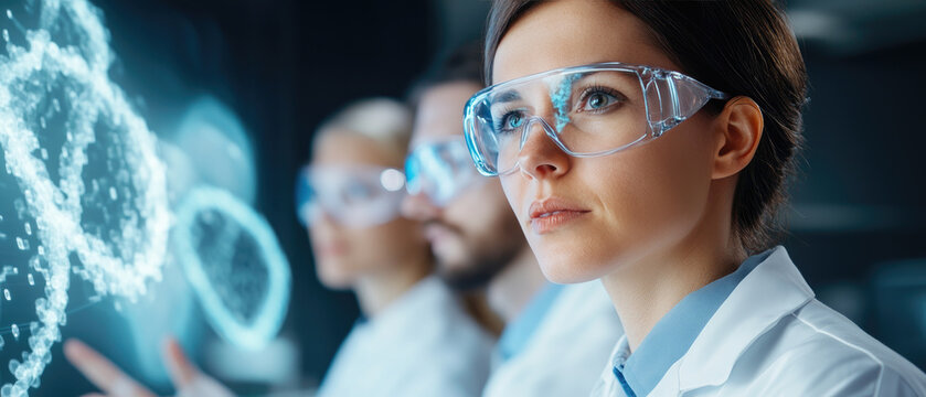 A team of scientists collaborates in a modern lab, examining genetic information on holographic screens to advance research and innovation in genetics.