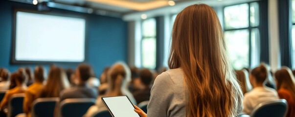 Large conference room rows people sitting chairs facing Woman listening to presentation